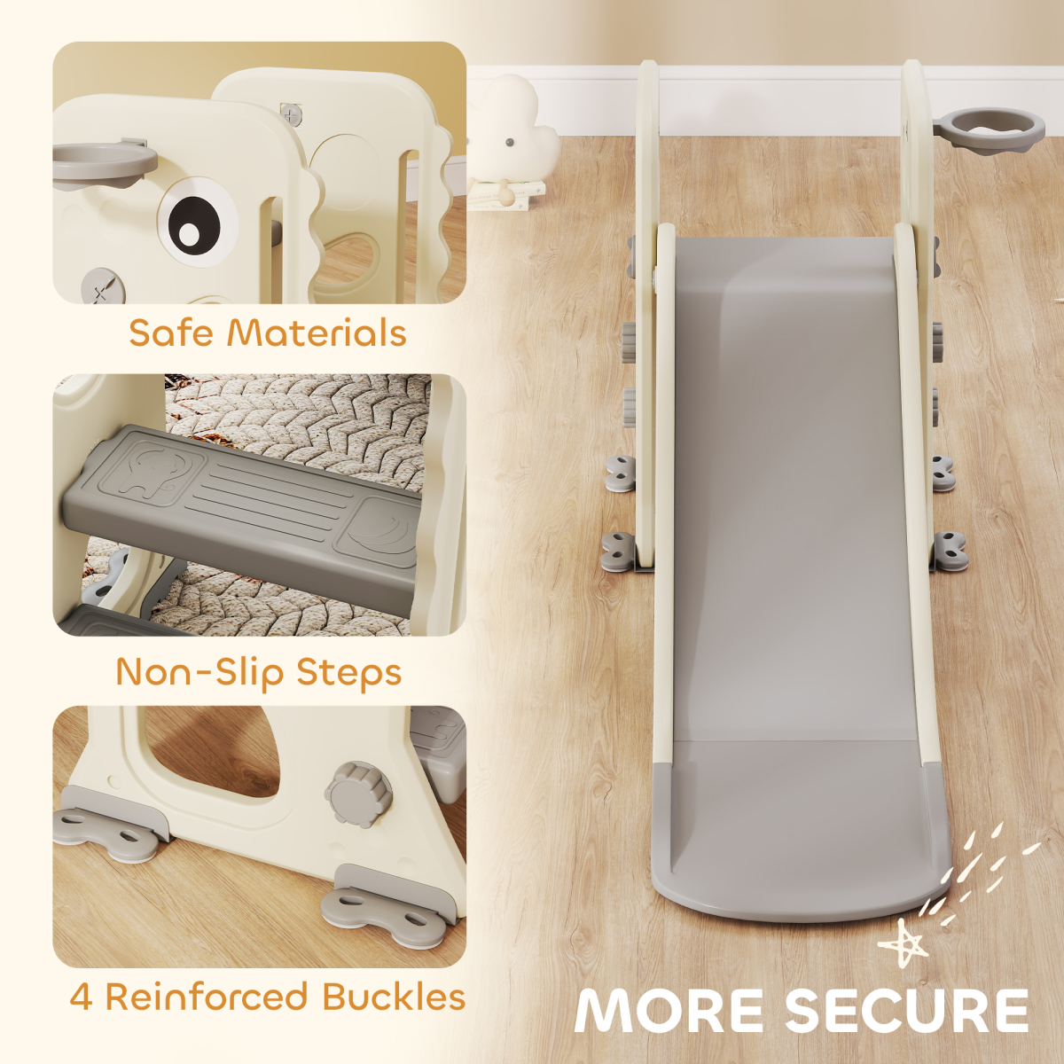 AIYAPLAY Foldable Kids Slide with Climber, Basketball Hoop, Cream White