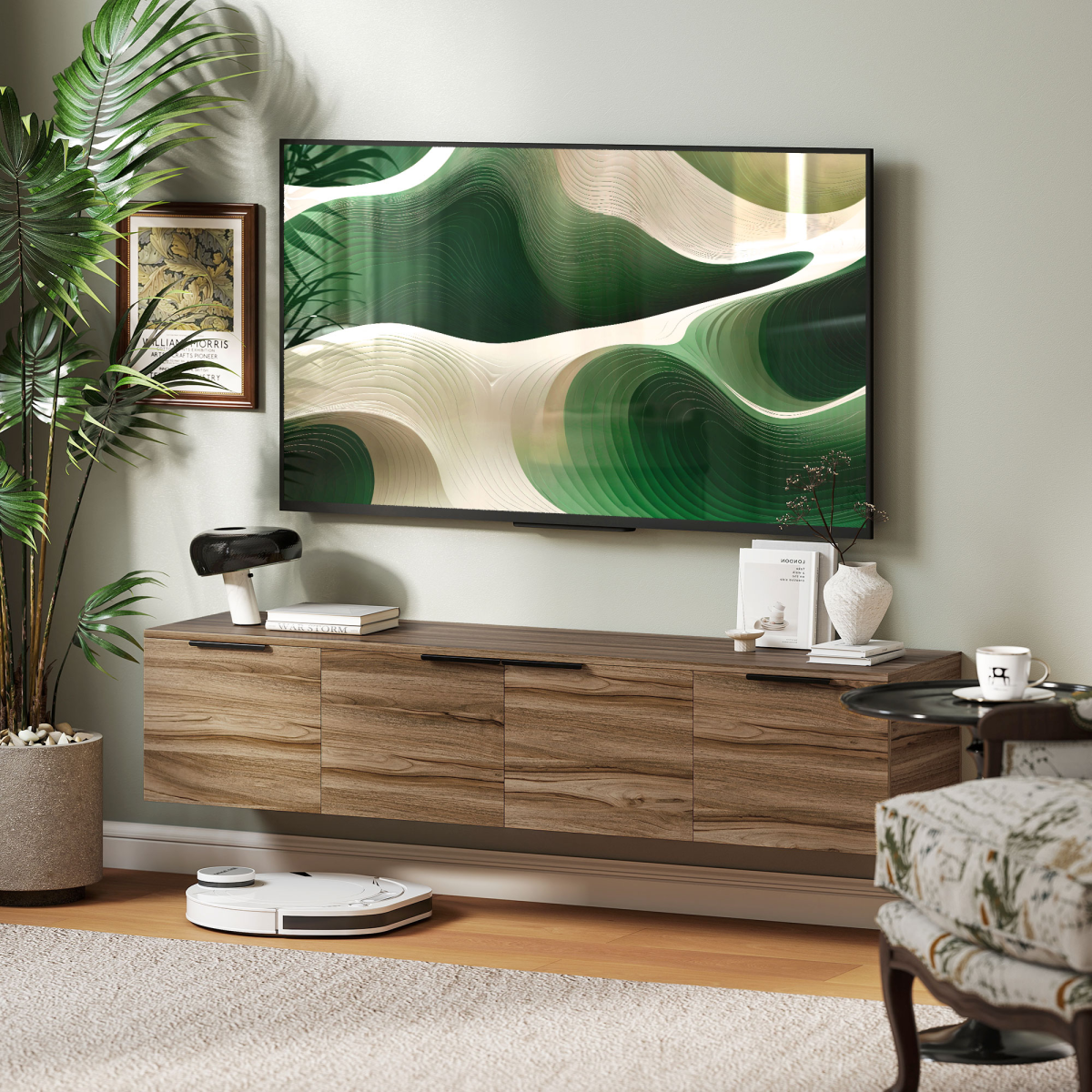 HOMCOM Floating TV Stand Cabinet with Shelves and Doors, Rustic Brown