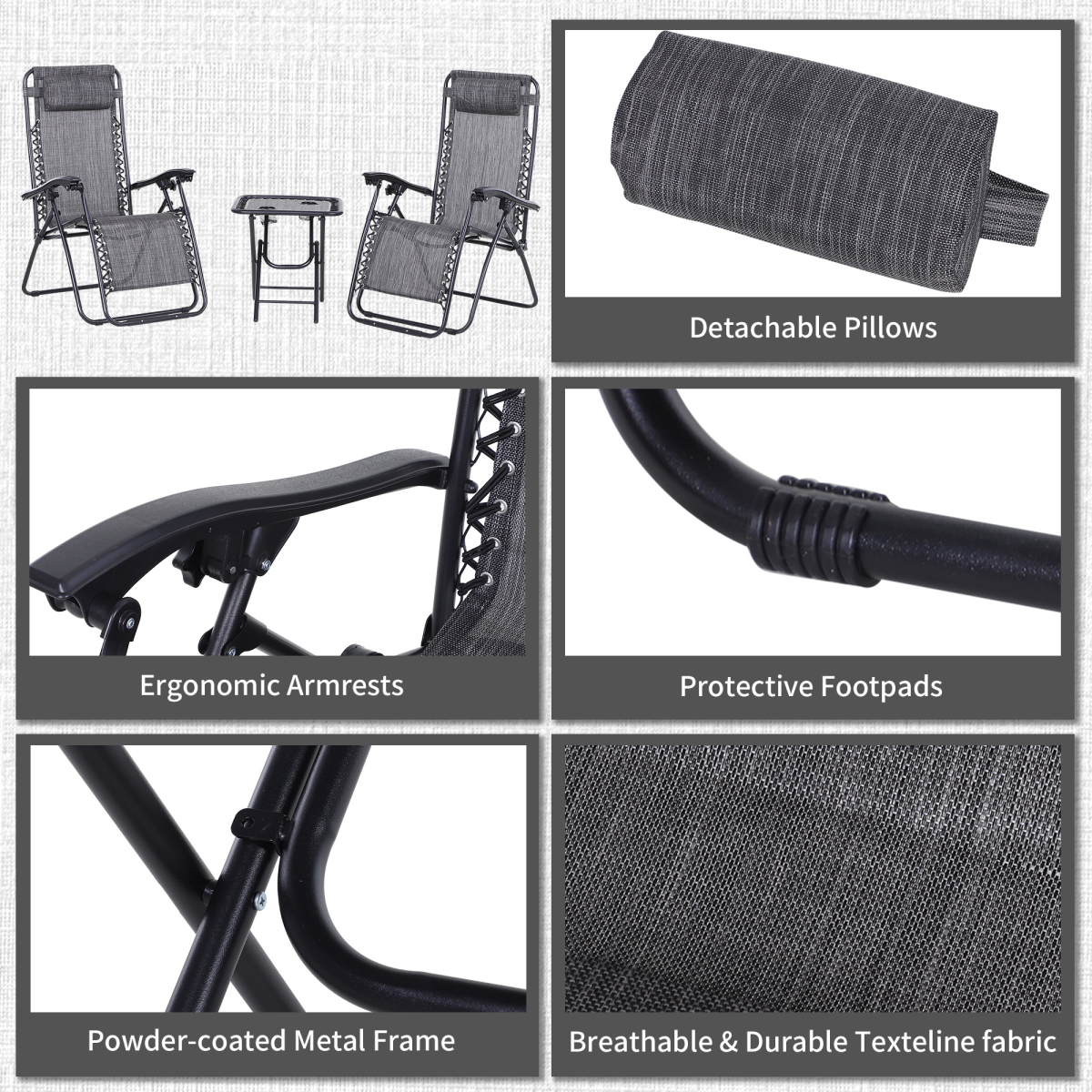 3PC Zero Gravity Chairs Sun Lounger Table Set Cup Holders Light Grey Outsunny