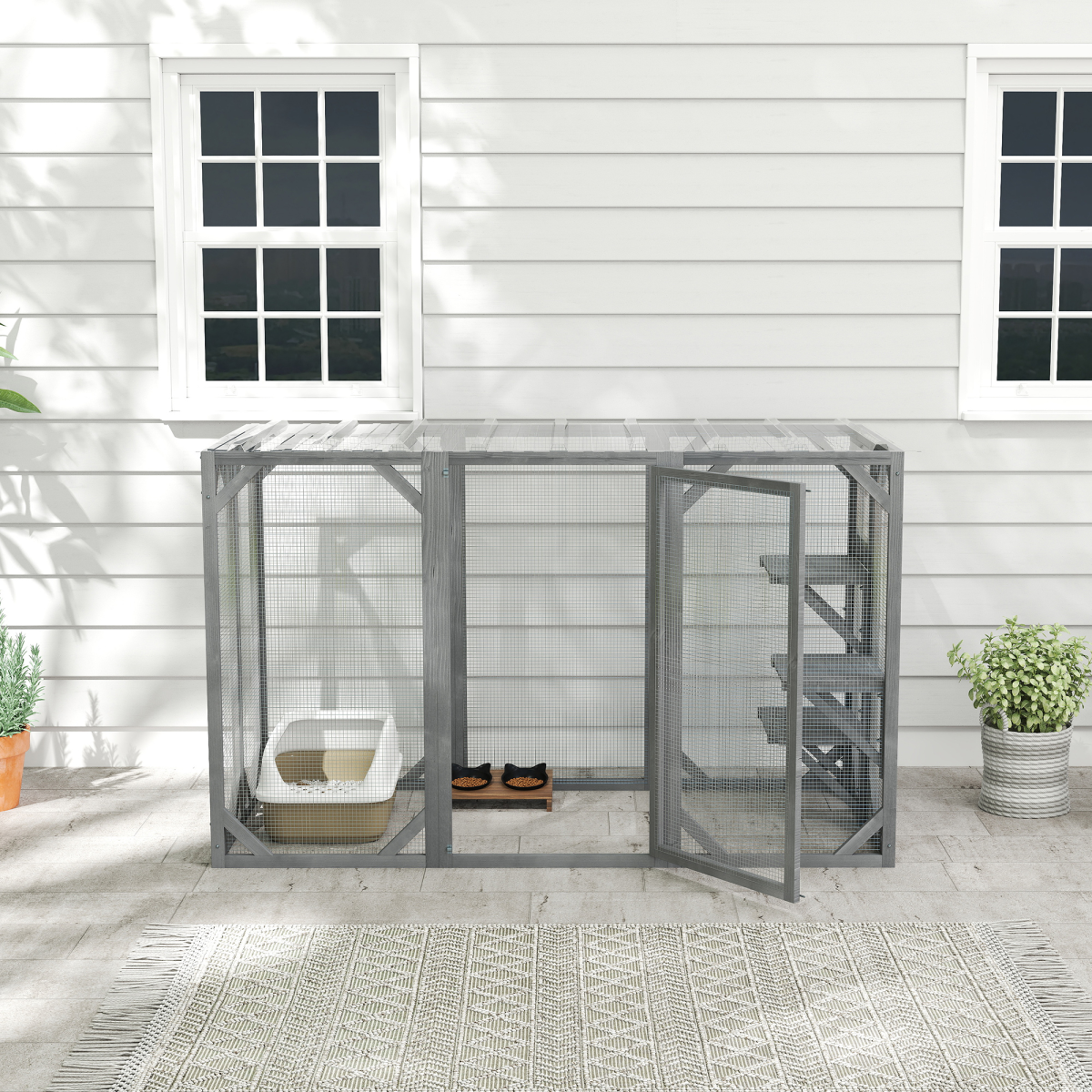 PawHut 71"Wooden Cat House with 3 Platforms, Large Door for Multiple Cats