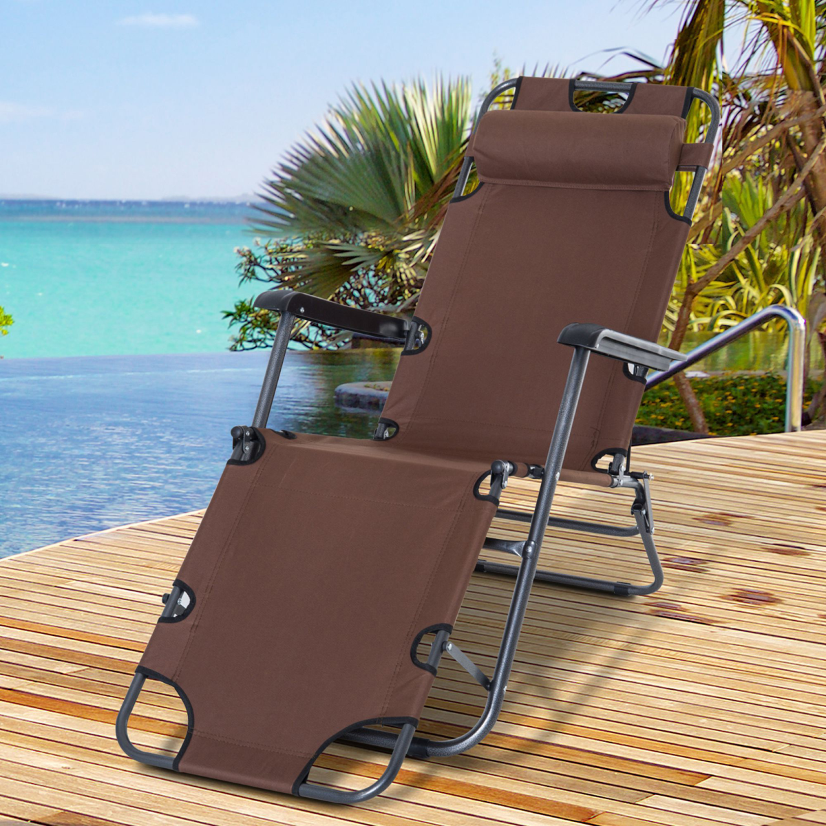 2 in 1 Outdoor Folding Sun Lounger Adjustable Back and Pillow Brown