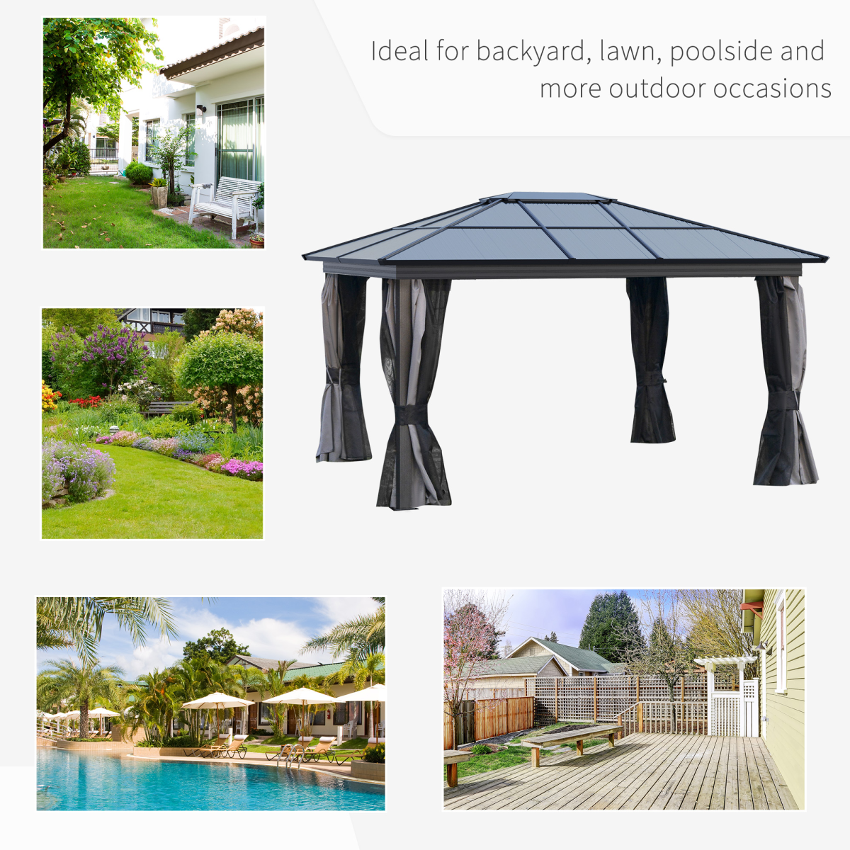 4x3.6m Aluminium Hardtop Gazebo Canopy w/ Polycarbonate Top, Curtains Outsunny