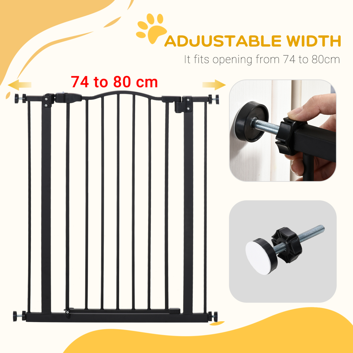 74-80cm Adjustable Metal Pet Gate Safety Barrier w/ Auto-Close Door Black