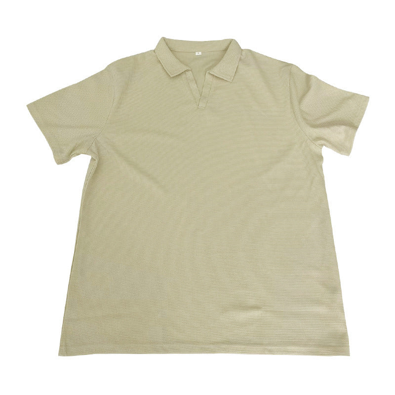INS Waffle Lapel Short-sleeved T-shirt Summer Fashion Solid Color V-neck Polo Shirt Tops Men's Clothing