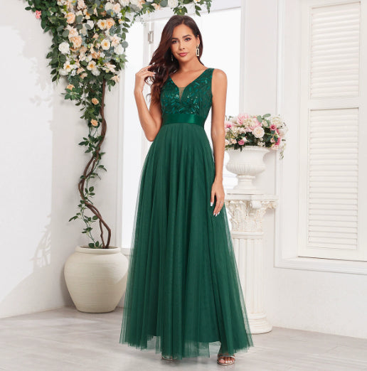 Patchwork Stretch Waist Sleeveless Double V-neck Evening Dress