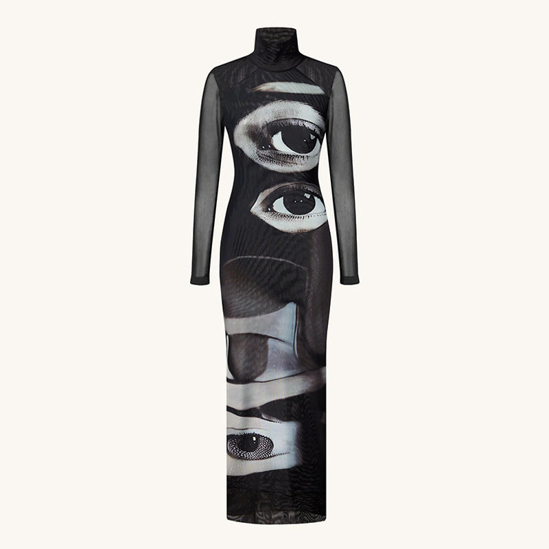 Elegant Mesh Double-layer Printed Crew-neck Long-sleeve Dress