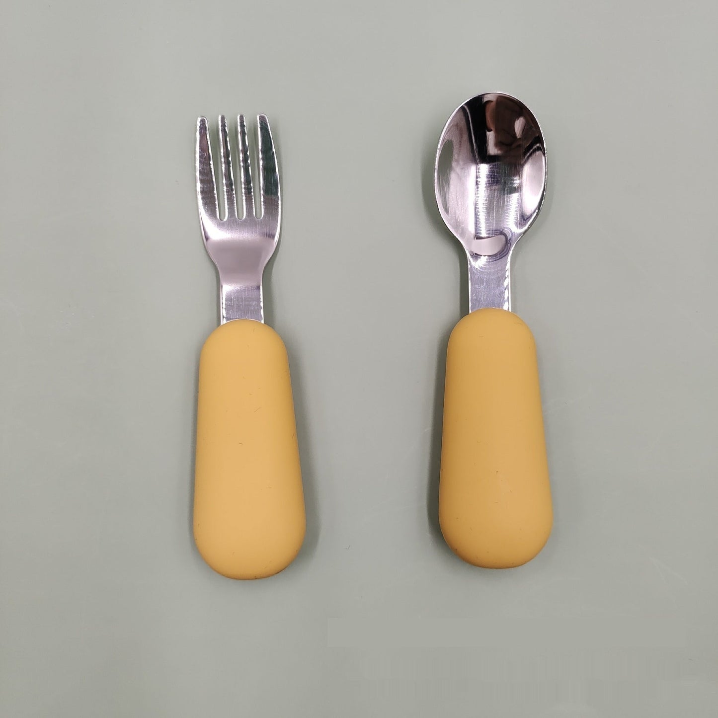 Stainless Steel Baby Spoon Fork Set - Short Handle Silicone Grip