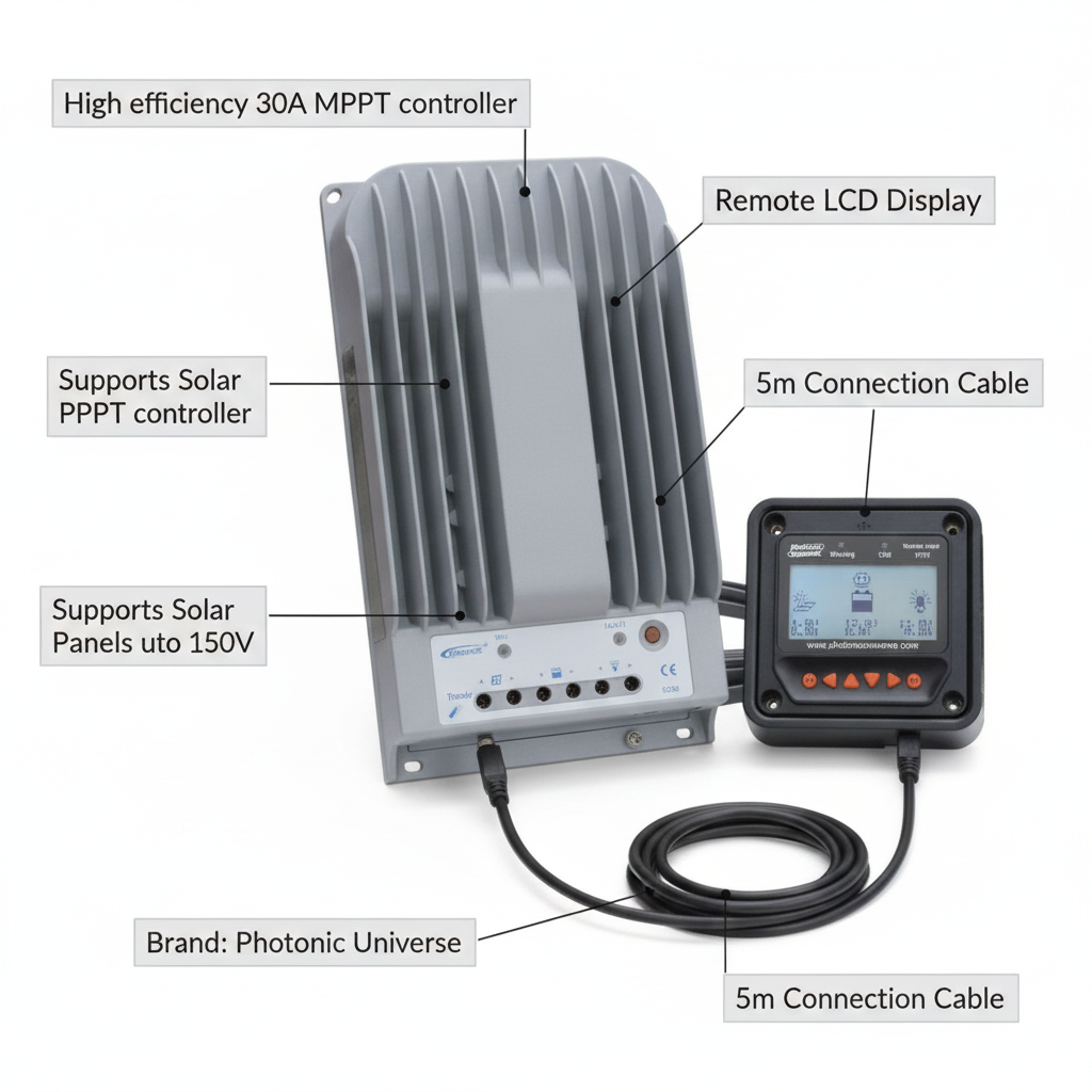 High efficiency 30A MPPT solar charge controller with LCD display and 5m cable for solar panels up to 390W (12V) / 780W (24V) up to 150V