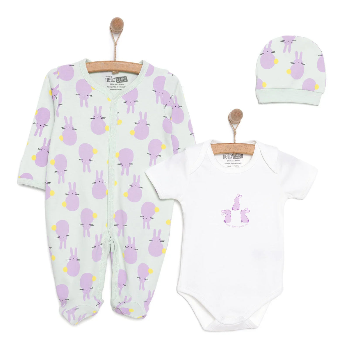 HelloBaby Bunny Print Baby Bodysuit, Hat & Footed Sleepsuit Set (Newborn to 6 Months)