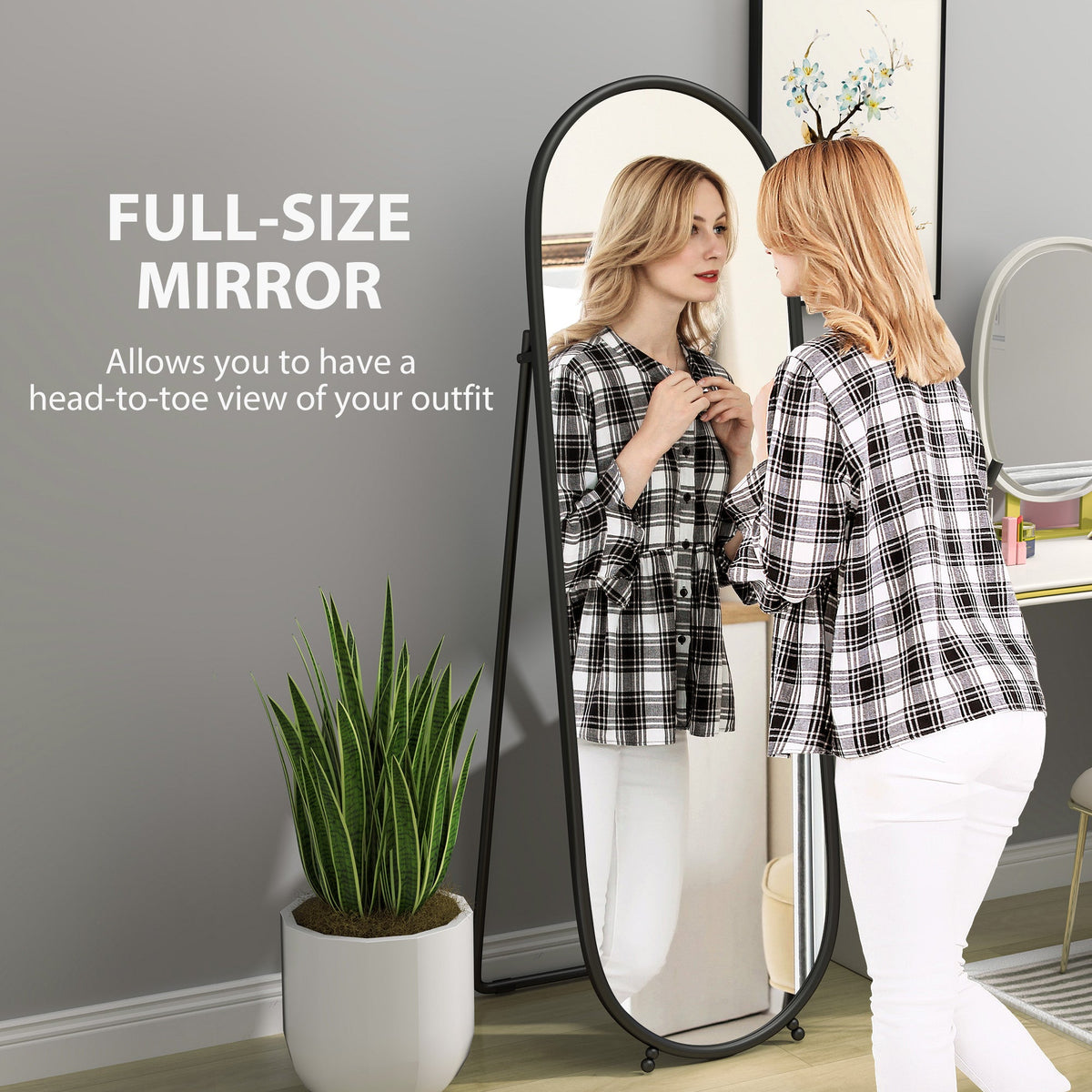 HOMCOM Oval Full Length Mirror with Metal Frame Hanging or Leaning Black