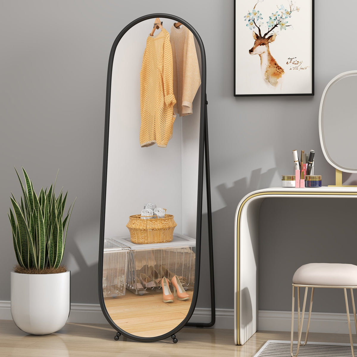 HOMCOM Oval Full Length Mirror with Metal Frame Hanging or Leaning Black