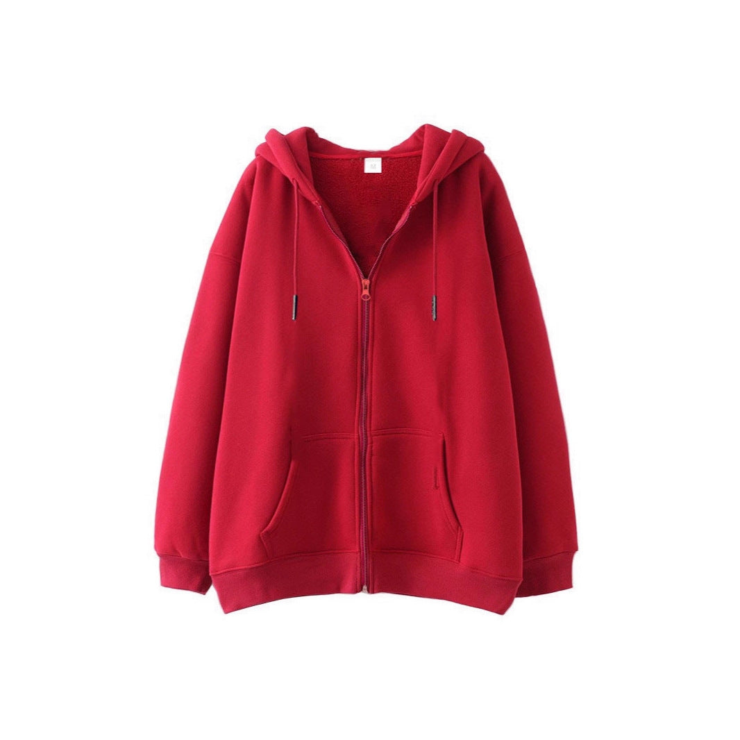 Full-zip Hoodie With Fleece-lined Solid-color Sweatshirt