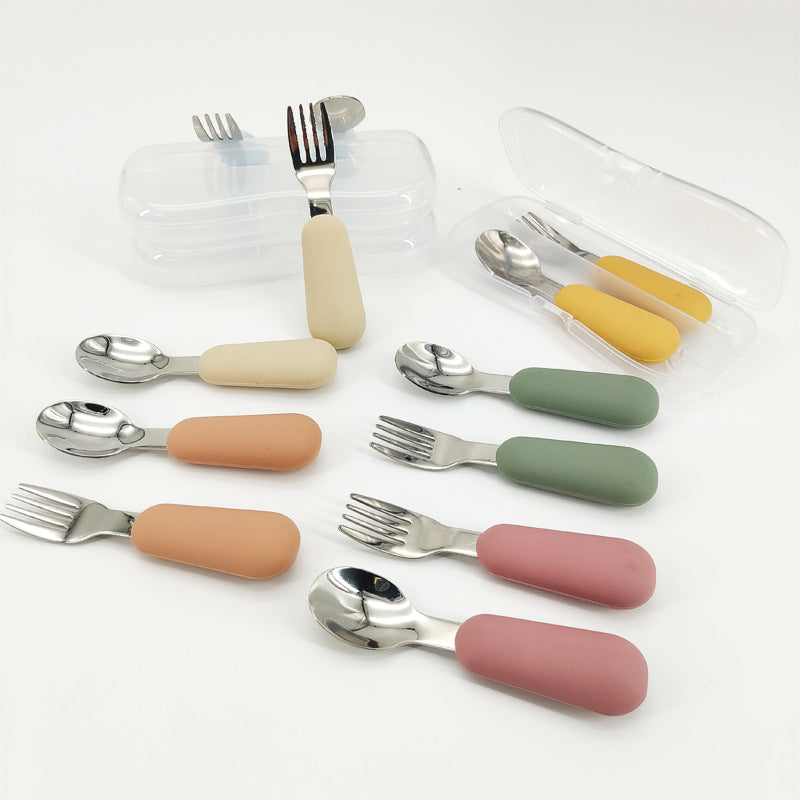 Stainless Steel Baby Spoon Fork Set - Short Handle Silicone Grip