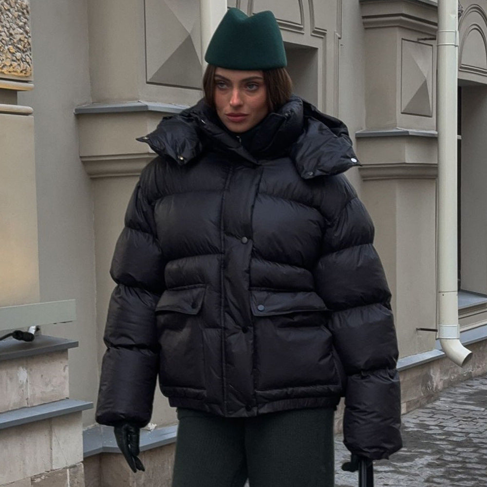 Women's Cottonpadded Overcoat Jacket Square Pocket Cushion Warm Hooded Cotton