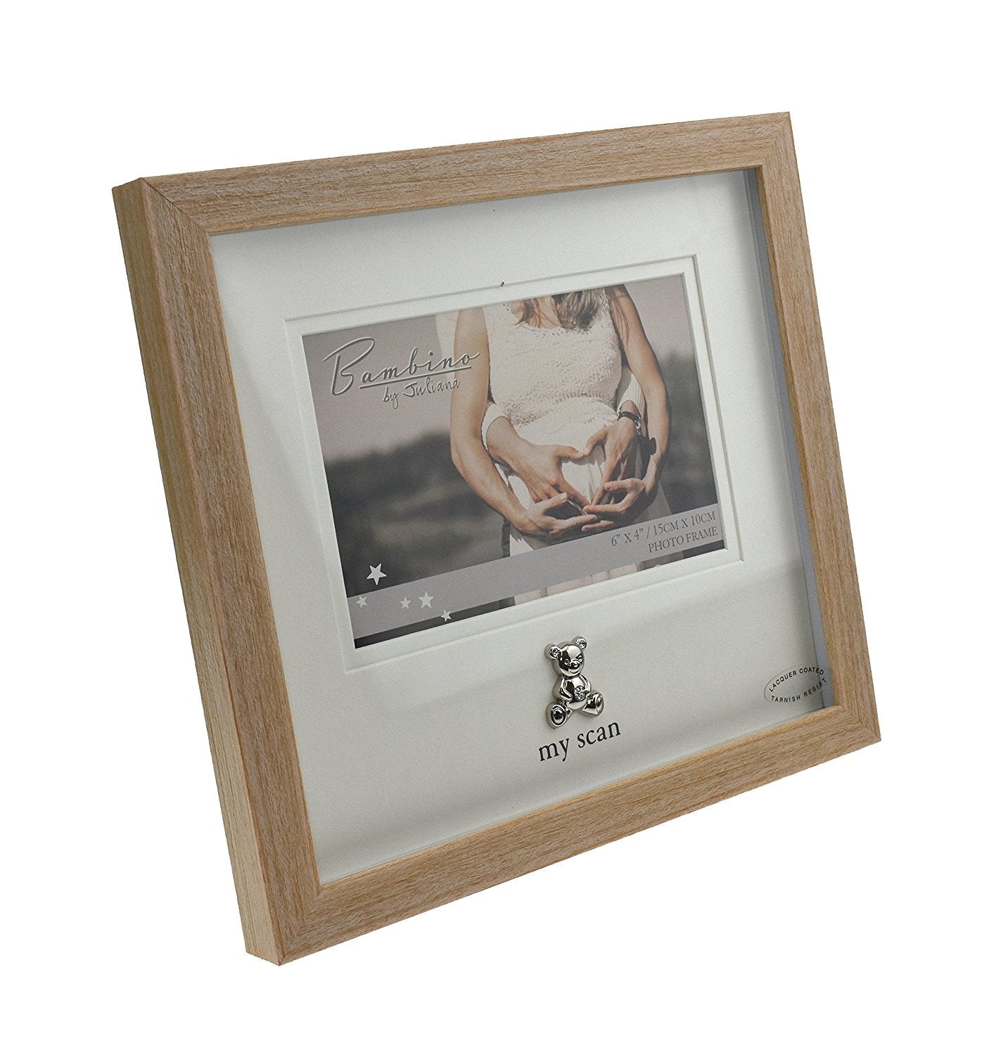 Bambino Light Wooden effect "My Scan"Picture Frame with Silver Pram Icon 6" x 4"