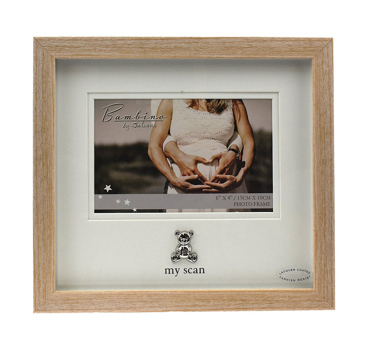Bambino Light Wooden effect "My Scan"Picture Frame with Silver Pram Icon 6" x 4"