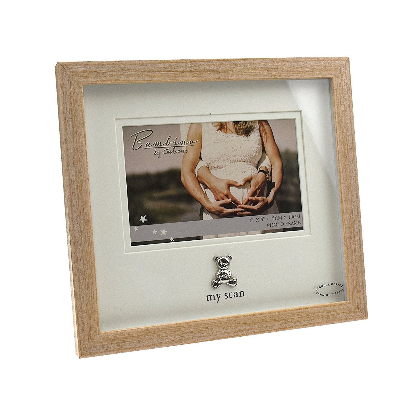 Bambino Light Wooden effect "My Scan"Picture Frame with Silver Pram Icon 6" x 4"