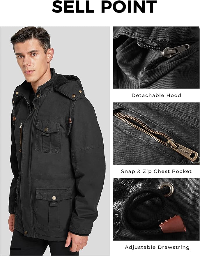 Mens Winter Parka Jacket Thick Fleece Lining Hooded Coat WenVen, Size M