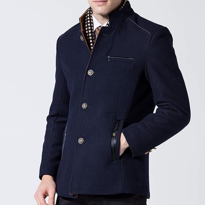 Mens Winter Wool Coat Thick Stand Collar With Scarf Navy Blue Size M, Biutimarden