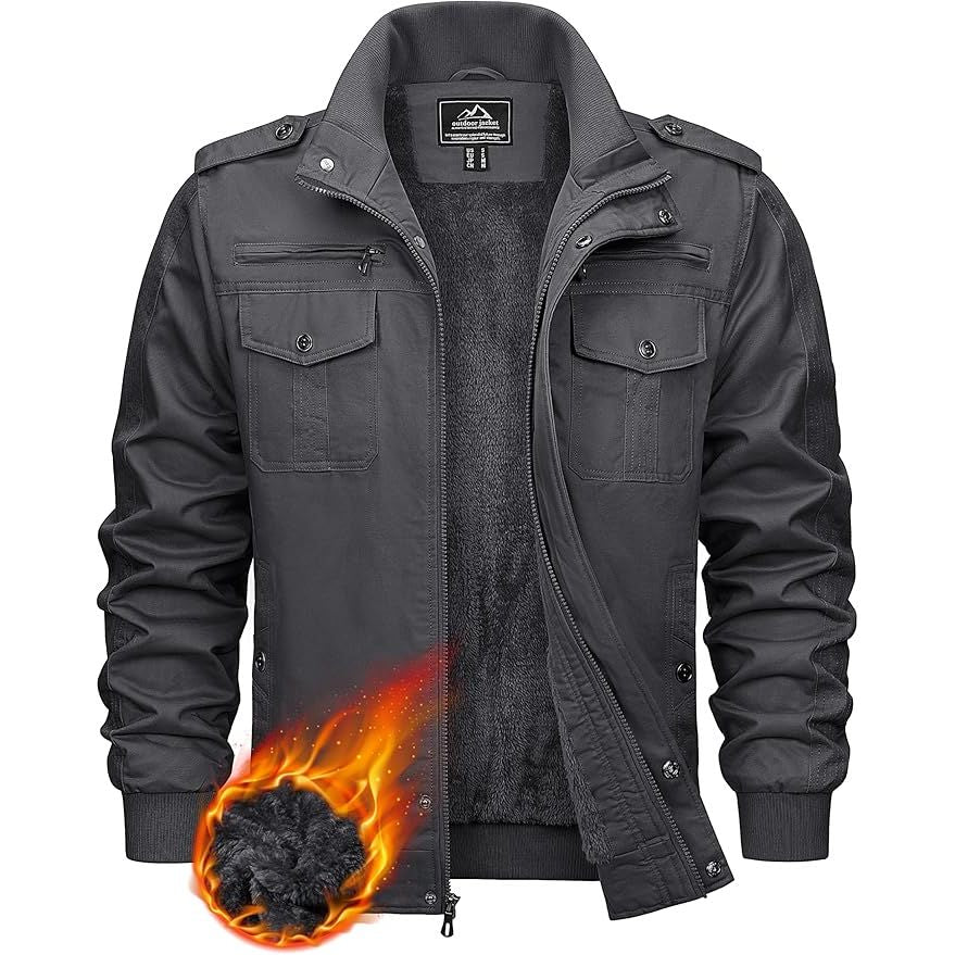 Mens Winter Fleece Cargo Jacket Thick Military Bomber Grey Size L KEFITEVD
