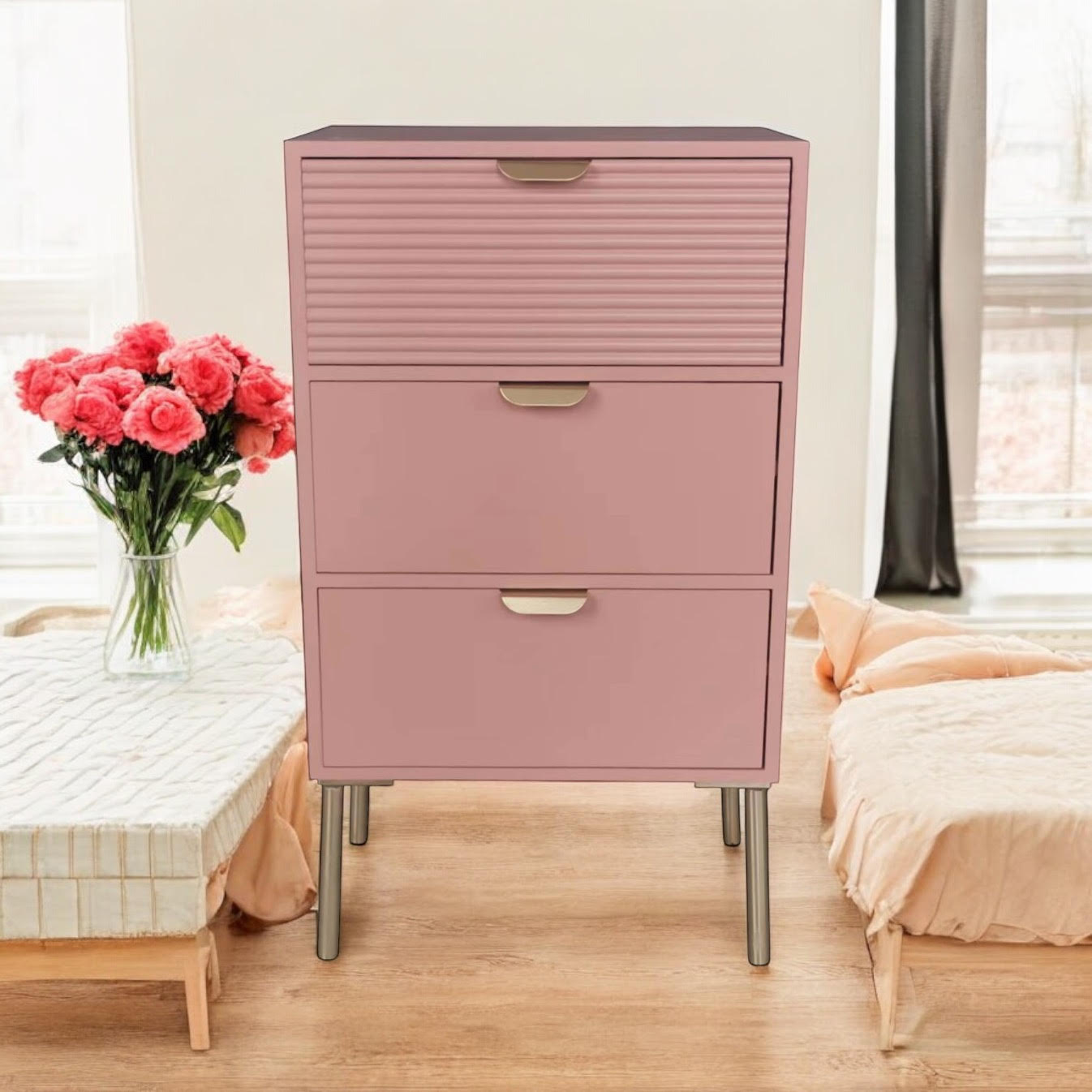 75CM PINK WOODEN 3 DRAWER CHEST OF DRAWER