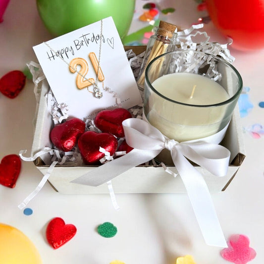 Aye Do Gifts Small 21st Birthday Gold Balloons Gift Hamper - Cubic Zirconia Charm Necklace, Chocolates & Candle