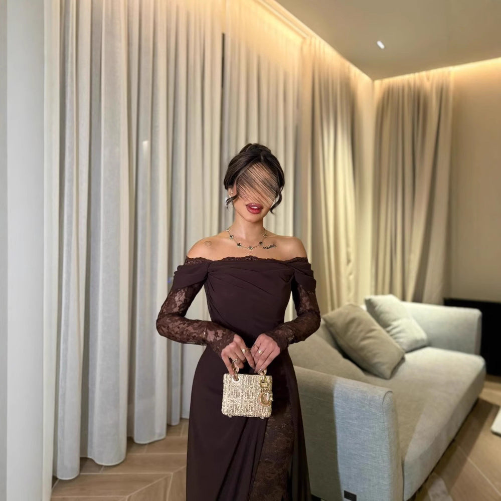 Off-the-shoulder Patchwork Lace Long-sleeve Flared Elegant Vintage Dress
