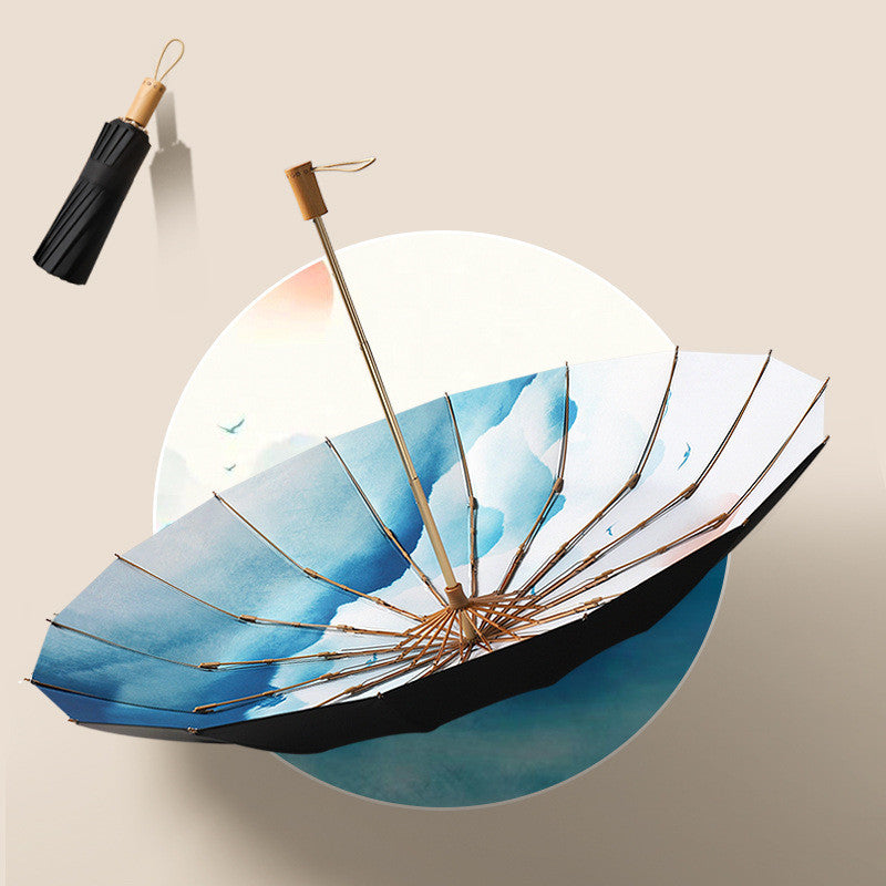 Women's Retro Three-fold, 16-bone Umbrella with Wooden Handle