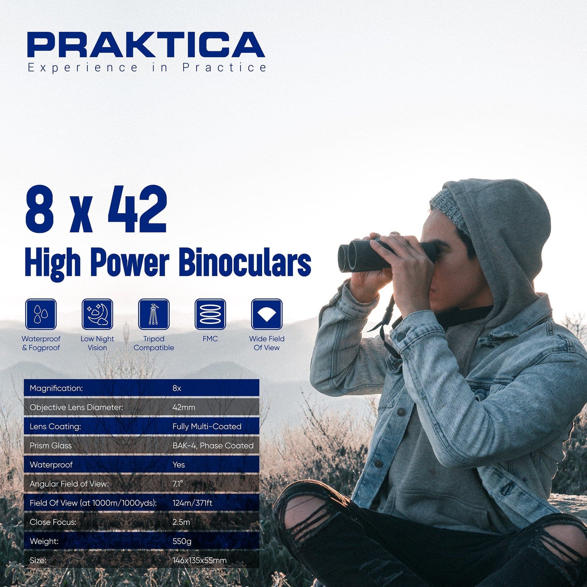 PRAKTICA Pioneer R 8x42mm Binoculars - Blue