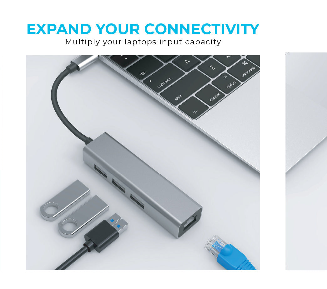 Maplin USB-C Multiport Hub to 3x USB-A 3.0 / Gigabit RJ45 - Silver