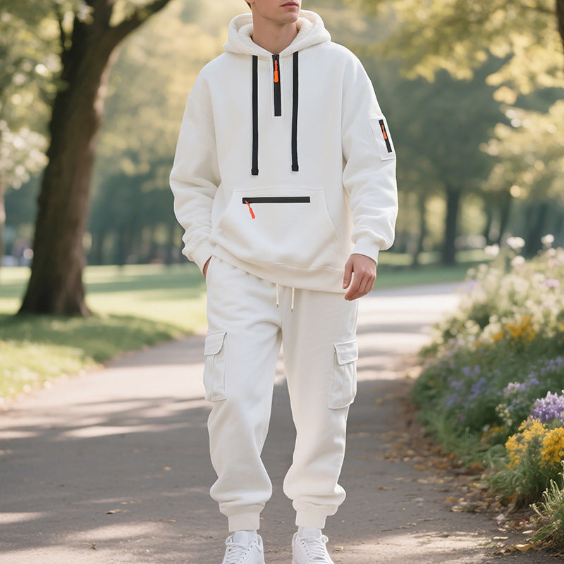 Men's Loose Sports And Leisure Suit Sweater Fleece-lined Hoodie Set Zipper Multi-Pocket Pullover Men's Sports Casual Top Two-piece Set