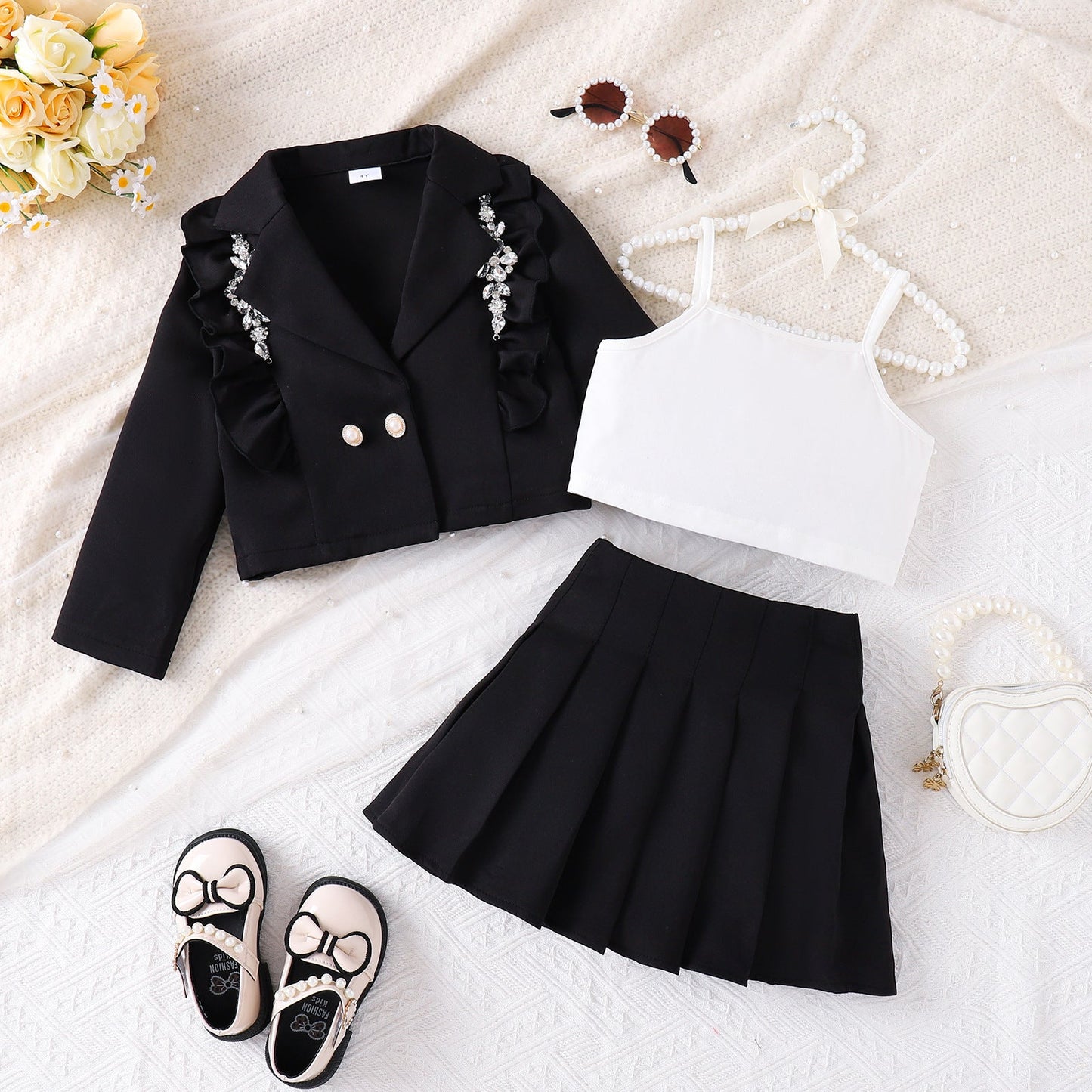 Strappy Tank Top Pleated Skirt Three-piece Set