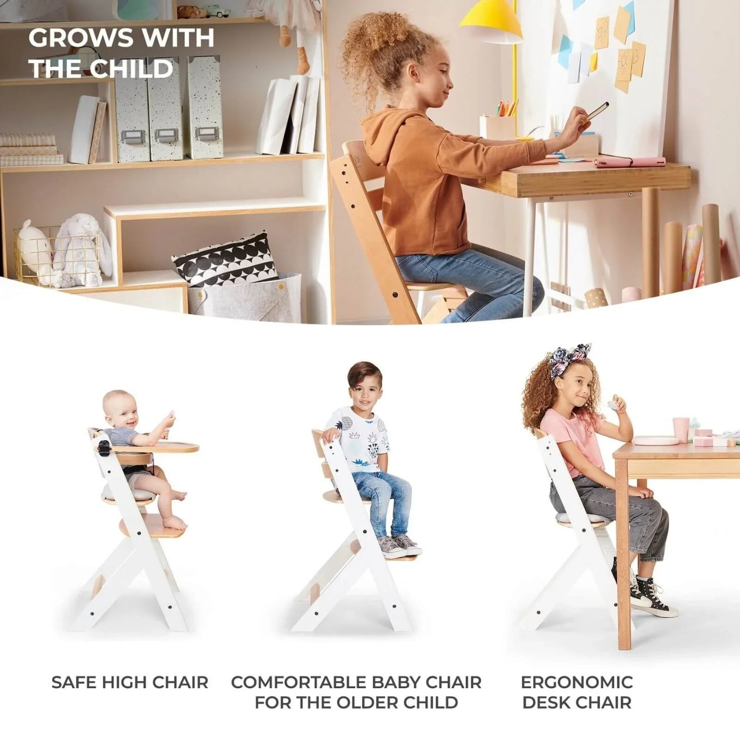 Kinderkraft Enock Wooden Highchair - Full Grey