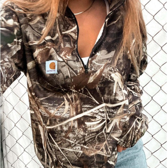 Fitted Zipper Half-neck Hoodie Top