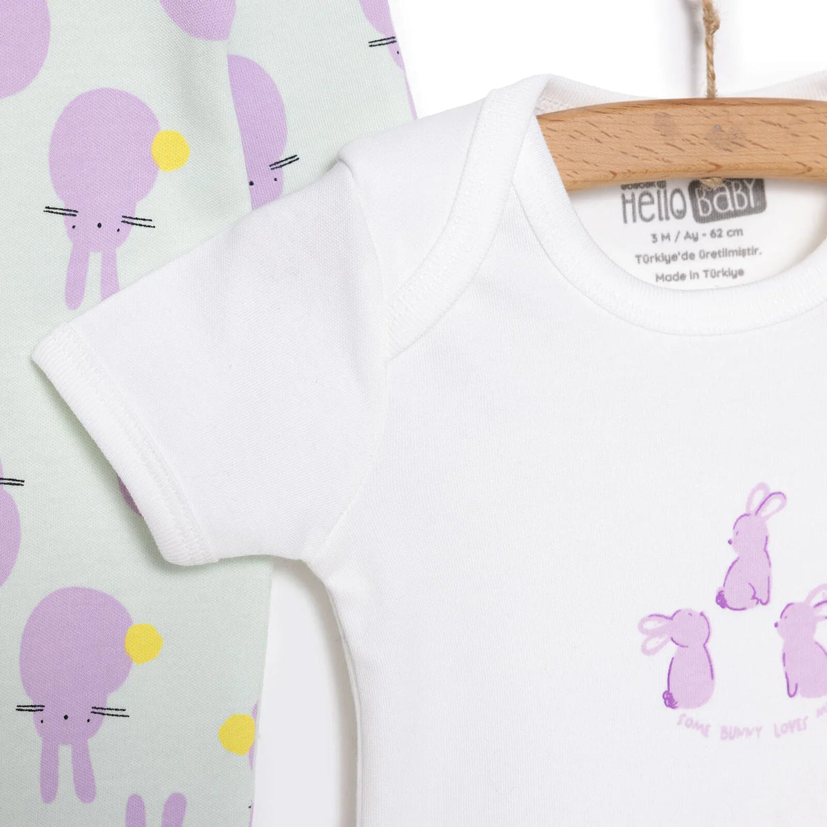 HelloBaby Bunny Print Baby Bodysuit, Hat & Footed Sleepsuit Set (Newborn to 6 Months)