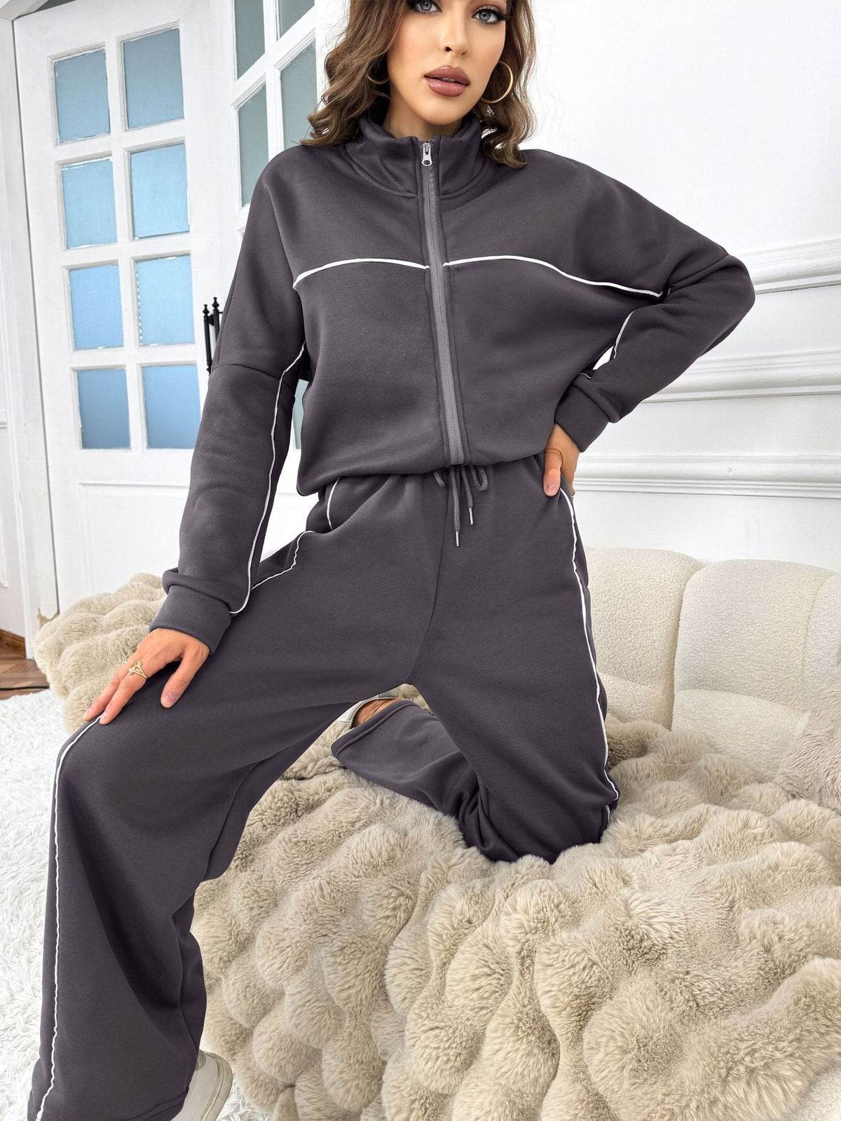 Women's Casual Long-sleeved Half Turtleneck Cardigan Sweater Lace-up Striped Trousers