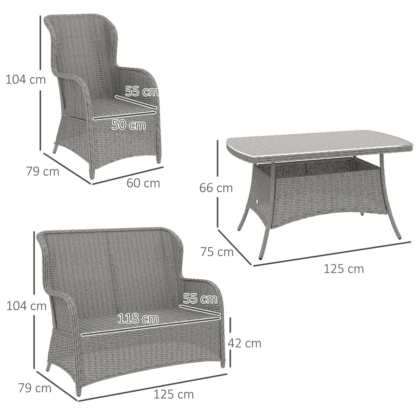 Outsunny 4 PCs Outdoor Rattan Sofa Set, Wicker Sectional Sofa Set Light Grey