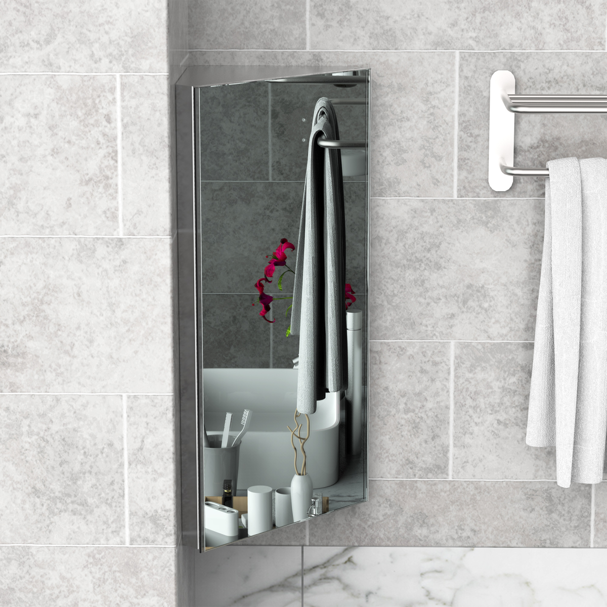 HOMCOM Wall Mount Corner Mirror Cabinet with Three Shelves, Stainless Steel Bathroom Storage Cabinet with Door