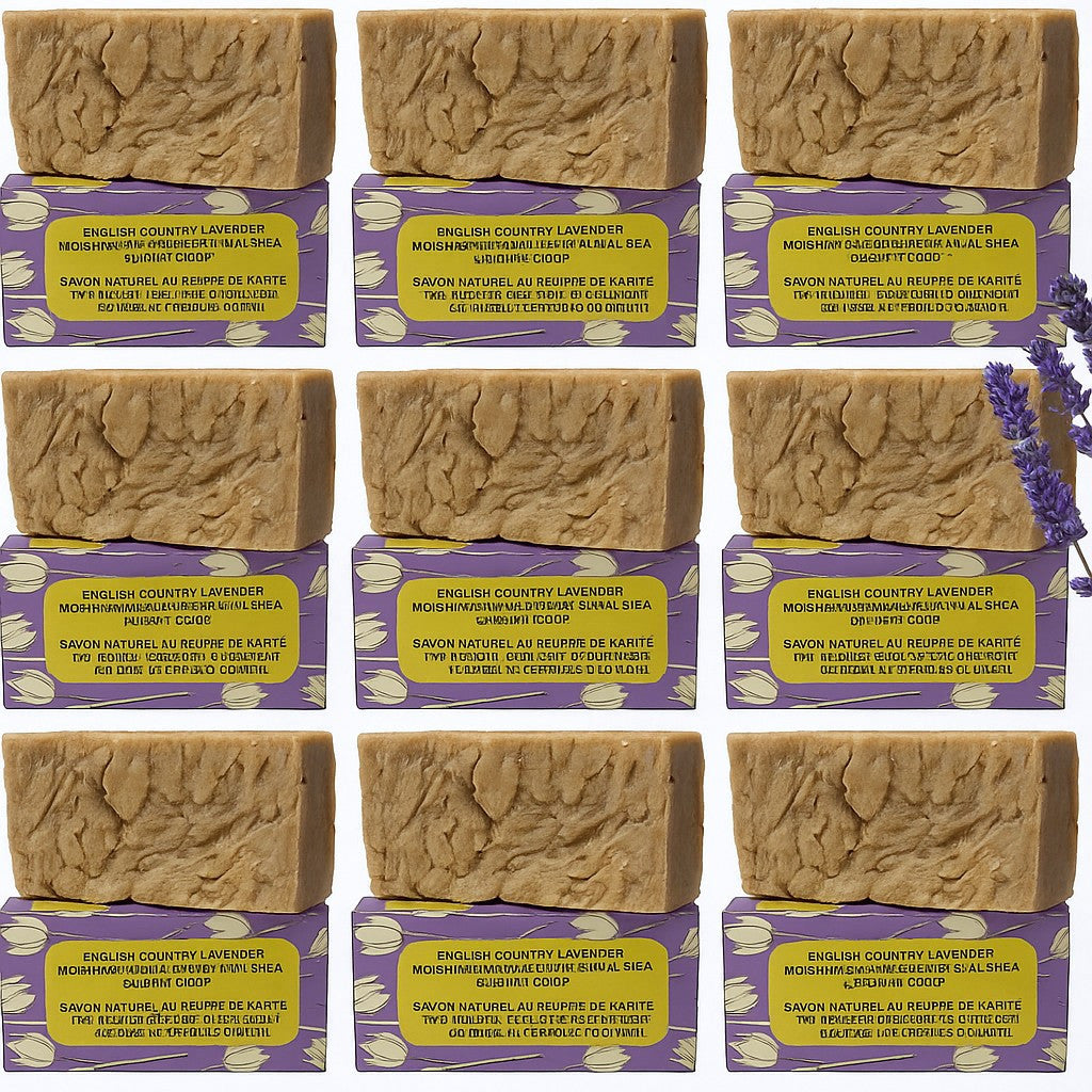 12 Bars of Country Lavender Natural Handmade Soap with Organic Unrefined, Fair Trade Shea Butter, Coconut and Olive Oil (115-135g)