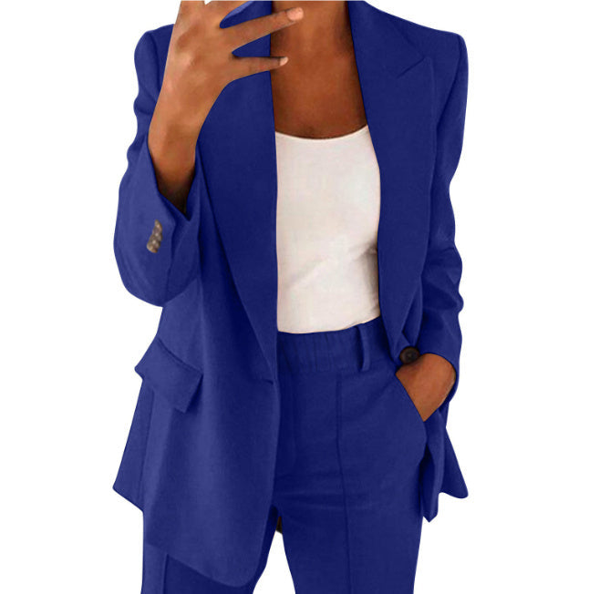 Ins Button Casual Suit Fashion Long-sleeved Lapel Blazer Jacket And Slim-fit Pocket Trousers For Women Clothing