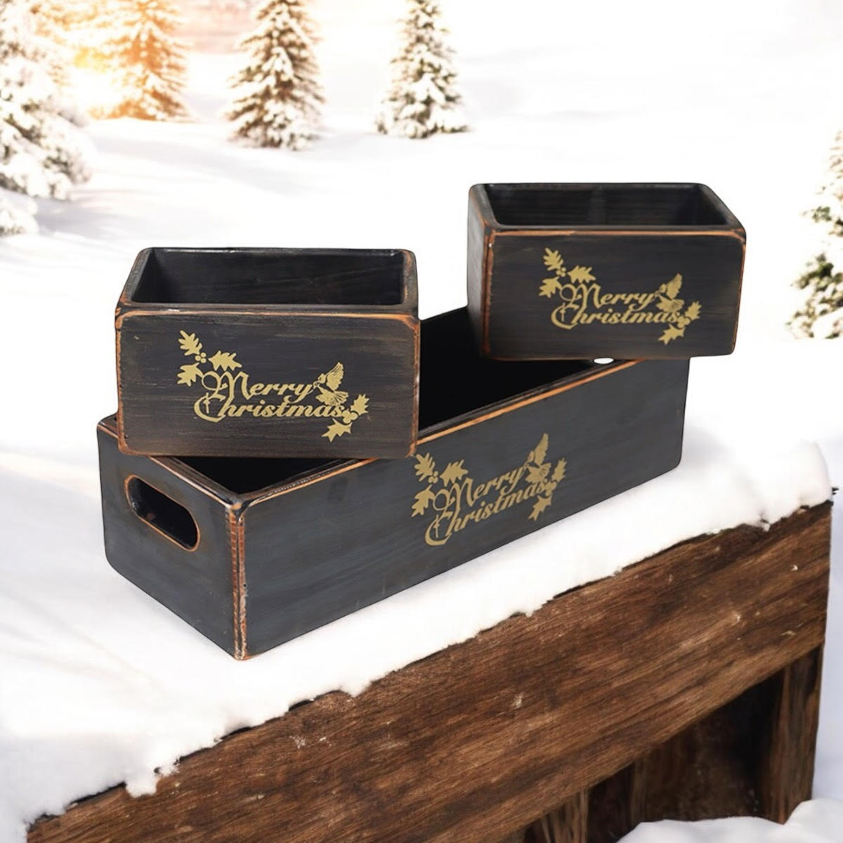 34/15/15CM SET 3 BL;ACK WOODEN BOXES