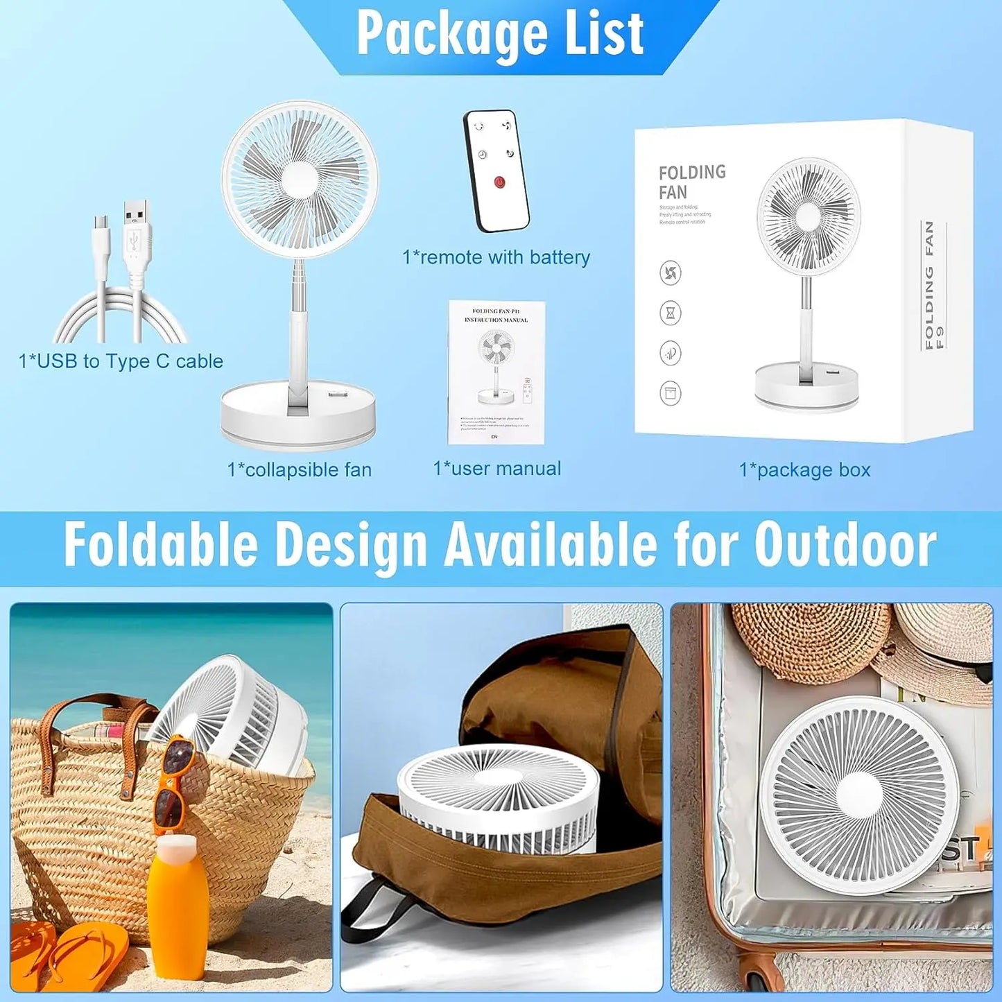 7200mAh USB Rechargeable Portable Folding Fan Floor Low Noise Fan with Remote Control For Indoor Home Office Outdoor Camping