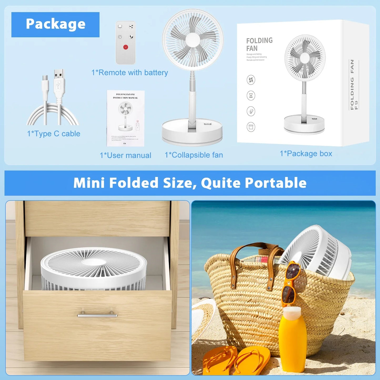 9" Foldable Rechargeable Fan Retractable Portable Mini Electric Fan with 7200mAh Battery & Remote Control for Home office