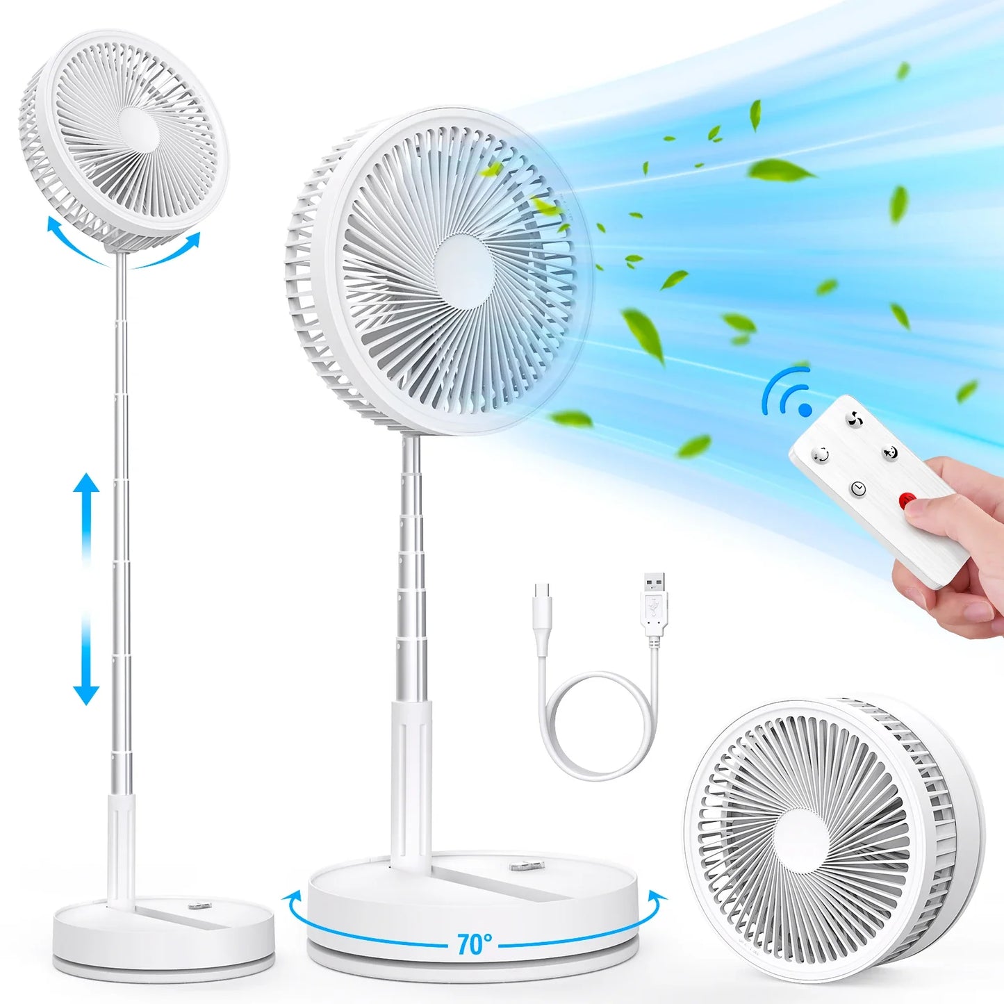 9" Foldable Rechargeable Fan Retractable Portable Mini Electric Fan with 7200mAh Battery & Remote Control for Home office