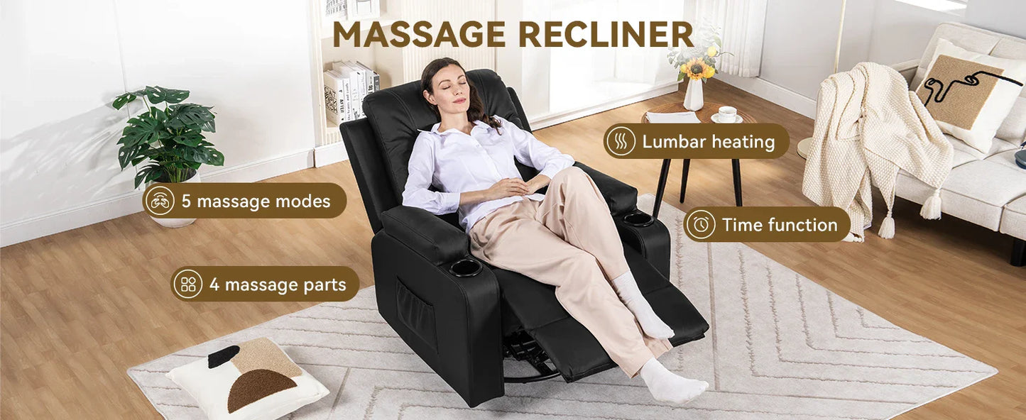 COMHOMA Recliner Armchair Rocker Reclining Chair with Massage & Heat Padded Seat Extended Footrest Oversized Swivel Lounge Sofa