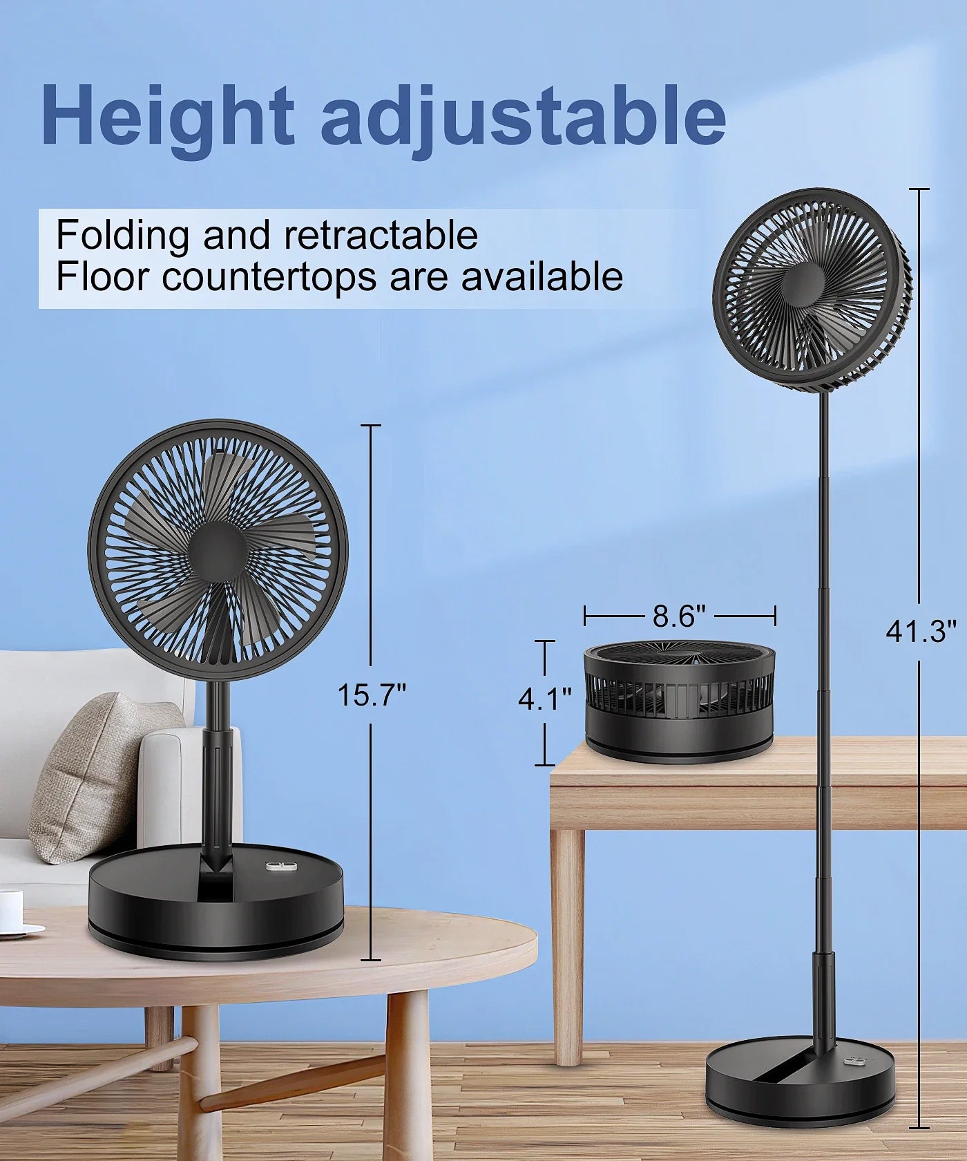 9" Mini Folding Portable Fan Air Cooler USB Rechargeable Wireless Floor Standing Fan Remote Control for Camping  Desk Home