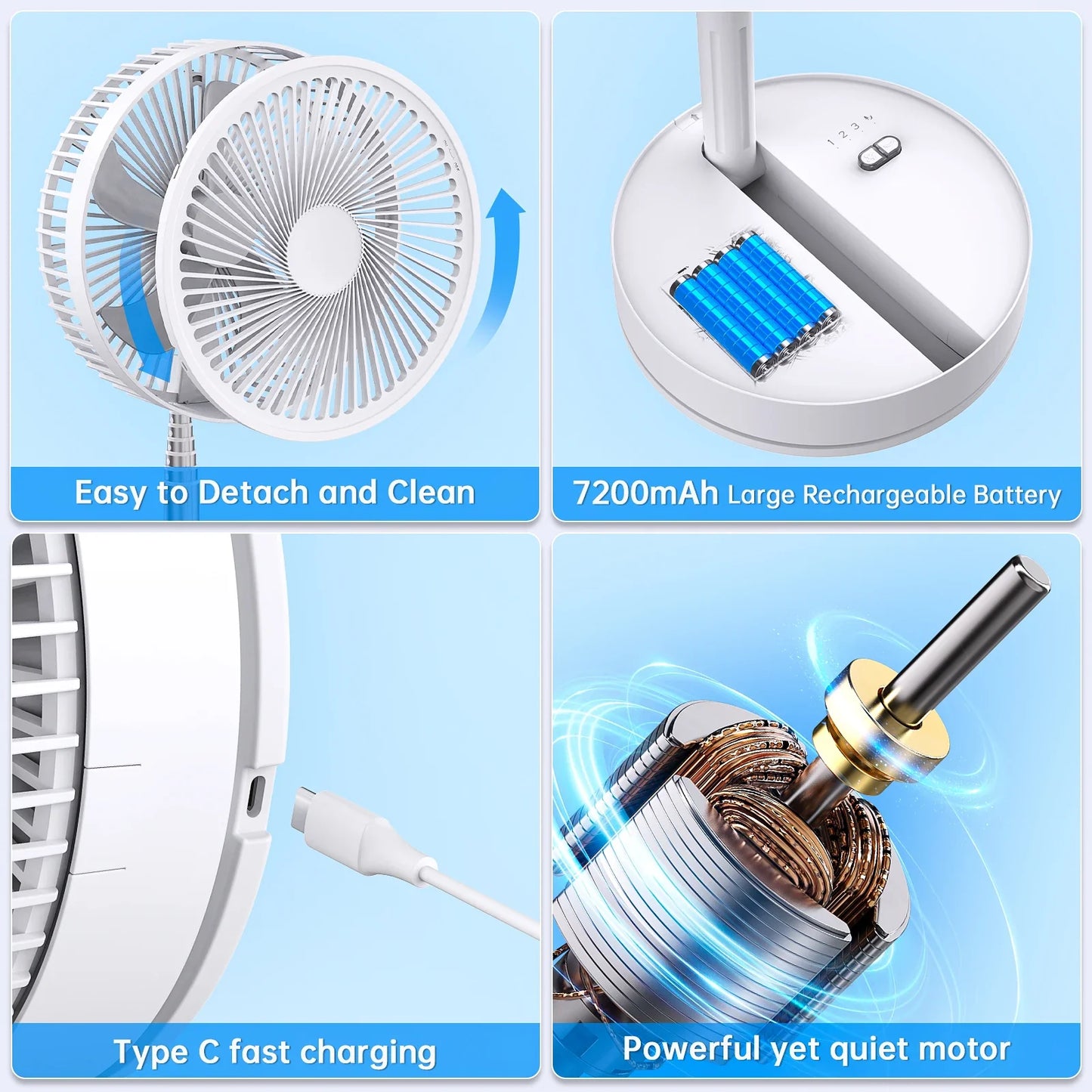 9" Foldable Rechargeable Fan Retractable Portable Mini Electric Fan with 7200mAh Battery & Remote Control for Home office