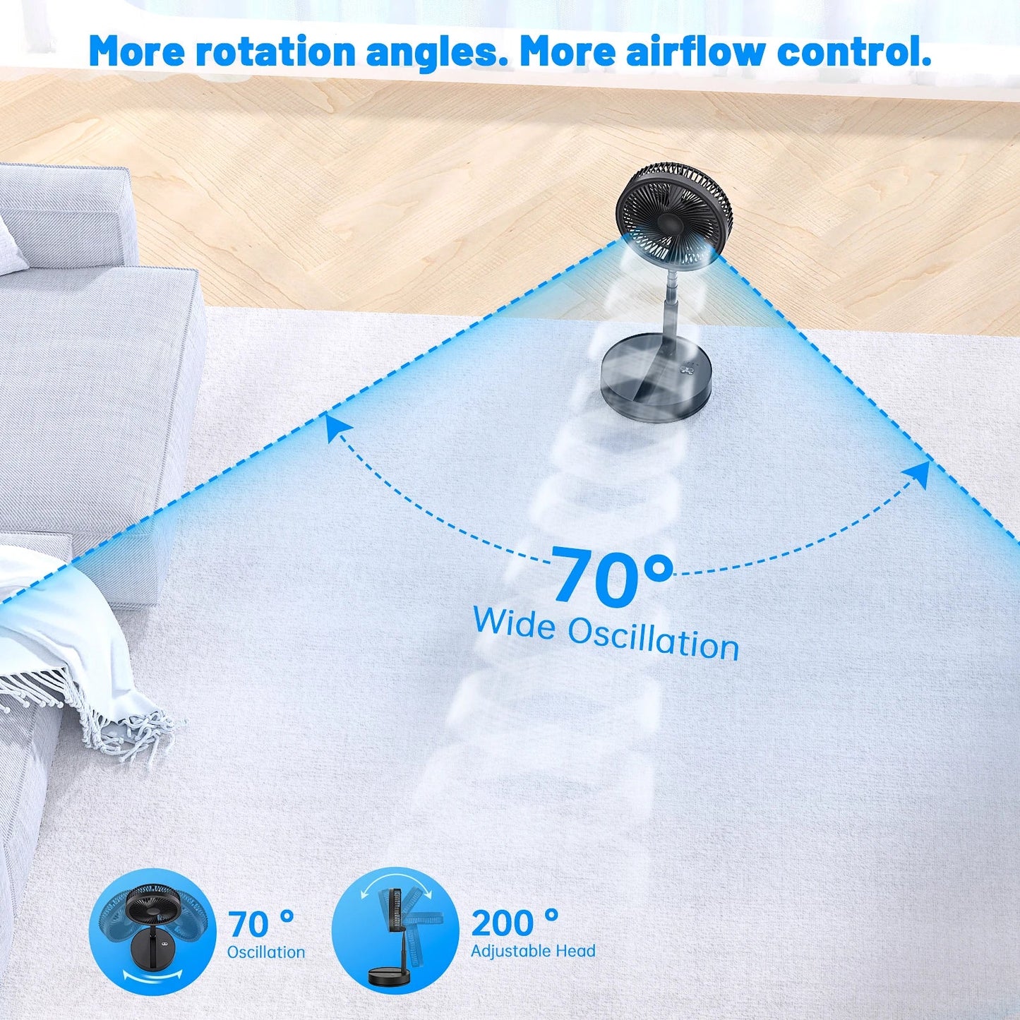 7200mAh USB Rechargeable Portable Folding Fan Floor Low Noise Fan with Remote Control For Indoor Home Office Outdoor Camping