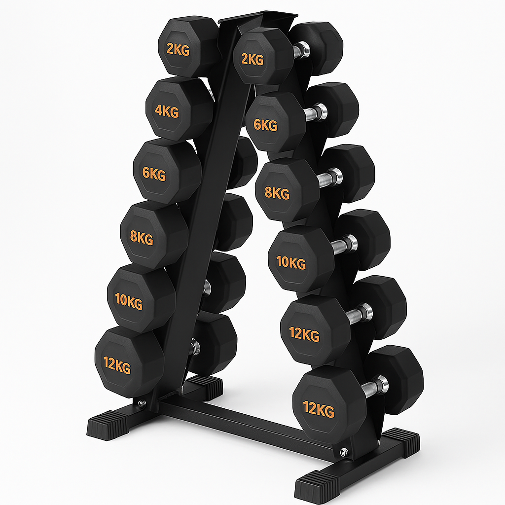 Hex Dumbbells Pairs & Sets (2kg–12kg) – Rubber Coated, Anti-Roll, With & Without Rack for Home Gym