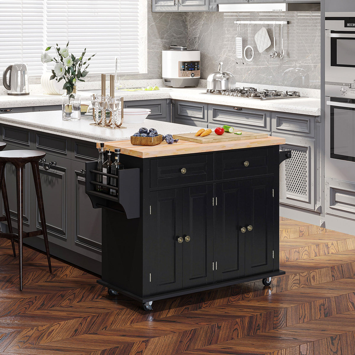 HOMCOM Rolling Kitchen Island Cart with Rubber Wood Top